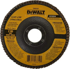 DeWALT - 80 Grit, 4-1/2" Disc Diam, 7/8" Center Hole, Type 27 Zirconia Alumina Flap Disc - 13,300 Max RPM, Fiberglass Backing, Arbor Attaching System, Coated - USA Tool & Supply