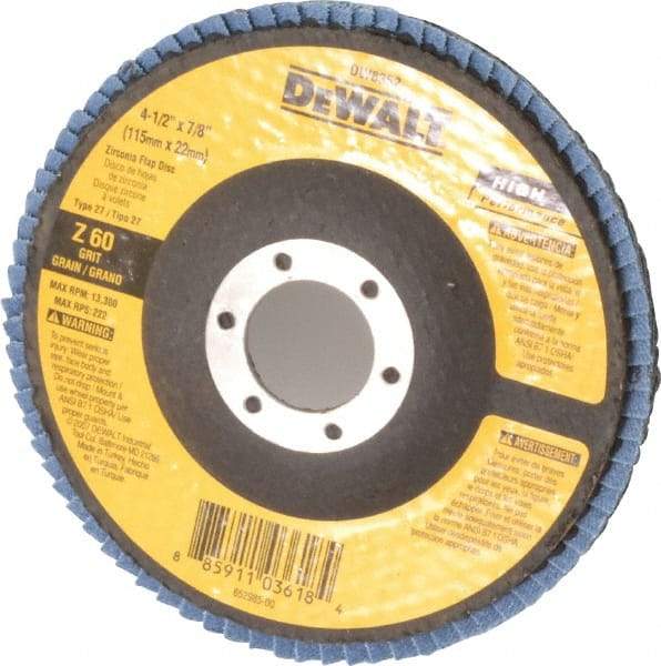 DeWALT - 60 Grit, 4-1/2" Disc Diam, 7/8" Center Hole, Type 27 Zirconia Alumina Flap Disc - 13,300 Max RPM, Fiberglass Backing, Arbor Attaching System, Coated - USA Tool & Supply