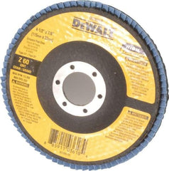 DeWALT - 60 Grit, 4-1/2" Disc Diam, 7/8" Center Hole, Type 27 Zirconia Alumina Flap Disc - 13,300 Max RPM, Fiberglass Backing, Arbor Attaching System, Coated - USA Tool & Supply