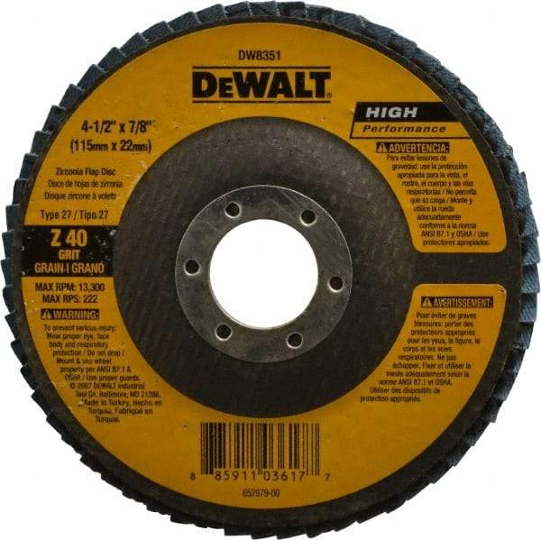 DeWALT - 40 Grit, 4-1/2" Disc Diam, 7/8" Center Hole, Type 27 Zirconia Alumina Flap Disc - 13,300 Max RPM, Fiberglass Backing, Arbor Attaching System, Coated - USA Tool & Supply