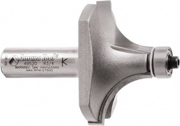 Amana Tool - 2" Cut Diam, 1" Length of Cut, 2 Flute Round-Over Edge Profile Router Bit - Carbide-Tipped, 1/2" Shank Diam, 2-7/8" OAL, Uncoated - USA Tool & Supply