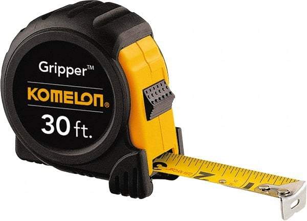Komelon - 30' x 1" Yellow Steel Blade Tape Measure - 1/16" Graduation, Inch Graduation Style, Yellow/Black ABS Plastic Case - USA Tool & Supply