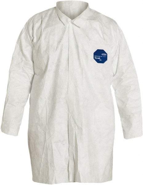 Dupont - Size M White Disposable Chemical Resistant Lab Coat - Tyvek, Snap Front, Open Cuff - USA Tool & Supply