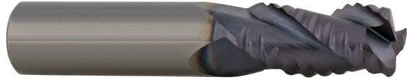ProMax - 9/16" Diam, Coarse Pitch, 1-1/4" LOC, 4 Flute Solid Carbide 0.055-0.065" Corner Radius Roughing End Mill - TiCN Finish, 3-1/2" OAL, 9/16" Shank Diam, Single End, Centercutting, 30° Helix - USA Tool & Supply