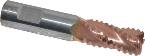 ProMax - 3/8" Diam, Coarse Pitch, 5/8" LOC, 4 Flute Solid Carbide 0.055-0.065" Corner Radius Roughing End Mill - TiCN Finish, 2" OAL, 3/8" Shank Diam, Single End, Centercutting, 30° Helix - USA Tool & Supply
