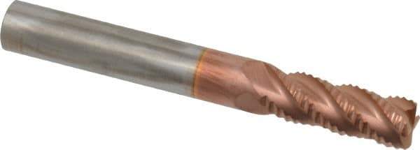ProMax - 5/16" Diam, Fine Pitch, 3/4" LOC, 4 Flute Solid Carbide 0.04-0.05" Corner Radius Roughing End Mill - TiCN Finish, 2-1/2" OAL, 5/16" Shank Diam, Single End, Centercutting, 40° Helix - USA Tool & Supply