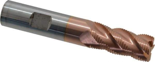 ProMax - 5/8" Diam, Fine Pitch, 1-1/4" LOC, 4 Flute Solid Carbide 0.055-0.065" Corner Radius Roughing End Mill - TiCN Finish, 3-1/2" OAL, 5/8" Shank Diam, Single End, Centercutting, 40° Helix - USA Tool & Supply