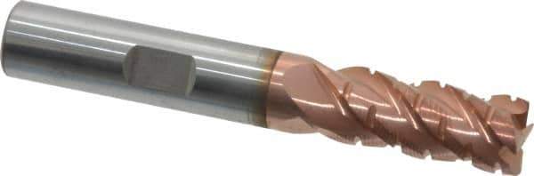 ProMax - 3/8" Diam, 7/8" LOC, 4 Flute Solid Carbide Roughing & Finishing Corner Radius End Mill - TiCN Finish, 2-1/2" OAL, 3/8" Shank Diam, Weldon Shank, 40° Helix, Centercutting, Regular Length - USA Tool & Supply