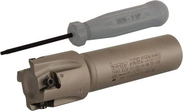 Iscar - 1" Cut Diam, 0.315" Max Depth of Cut, 3/4" Shank Diam, 3.38" OAL, Indexable Square Shoulder Helical End Mill - T490 LN.T 0804 Inserts, Weldon Shank, 90° Lead Angle, Series Helitang - USA Tool & Supply
