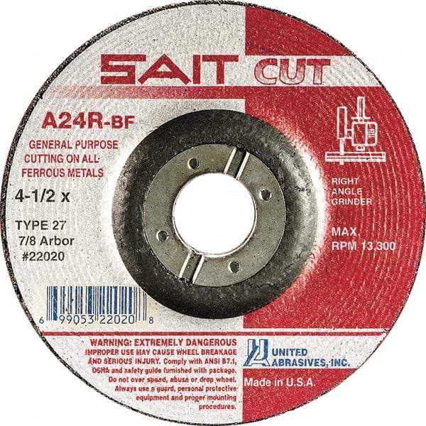 Sait - 24 Grit, 4" Wheel Diam, 1/8" Wheel Thickness, 3/8" Arbor Hole, Type 27 Depressed Center Wheel - Aluminum Oxide, Resinoid Bond, R Hardness, 13,500 Max RPM, Compatible with Angle Grinder - USA Tool & Supply