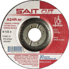 Sait - 24 Grit, 4" Wheel Diam, 1/8" Wheel Thickness, 3/8" Arbor Hole, Type 27 Depressed Center Wheel - Aluminum Oxide, Resinoid Bond, R Hardness, 13,500 Max RPM, Compatible with Angle Grinder - USA Tool & Supply