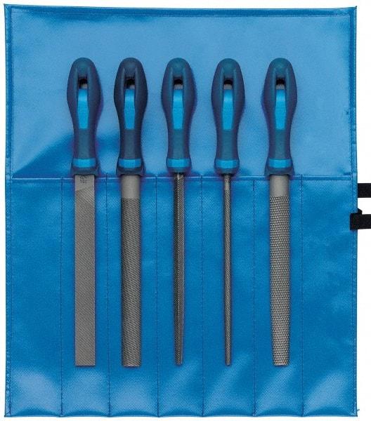 PFERD - 5 Piece American Pattern File Set - 10" Long, Bastard Coarseness, Ergonomic Handle, Set Includes Hand, Three Square, Square, Round, Tapered Half Round - USA Tool & Supply