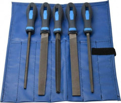 PFERD - 5 Piece American Pattern File Set - 8" Long, Bastard Coarseness, Ergonomic Handle, Set Includes Hand, Three Square, Square, Round, Tapered Half Round - USA Tool & Supply