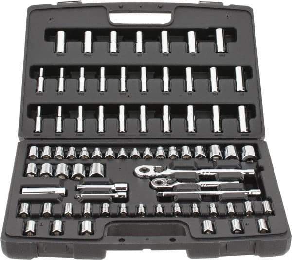 Stanley - 75 Piece 1/4 & 3/8" Drive Standard Deep Socket Set - 3/16 to 13/16", 4 to 19mm, Inch/Metric Measurement Standard - USA Tool & Supply