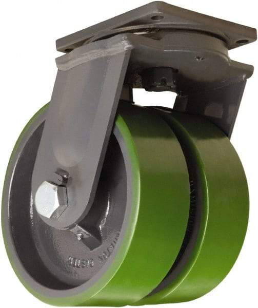 Hamilton - 10" Diam x 3" Wide x 13" OAH Top Plate Mount Dual Swivel Caster - Polyurethane Mold onto Cast Iron Center, 6,000 Lb Capacity, Tapered Roller Bearing, 8-1/2 x 8-1/2" Plate - USA Tool & Supply