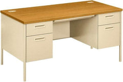 Hon - Laminate Top & Metal Base Double Pedestal Desk with Center Drawer - 60" Wide x 30" Deep x 29-1/2" High, Harvest/Putty - USA Tool & Supply