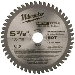 Milwaukee Tool - 5-3/8" Diam, 20mm Arbor Hole Diam, 50 Tooth Wet & Dry Cut Saw Blade - Carbide-Tipped, Standard Round Arbor - USA Tool & Supply