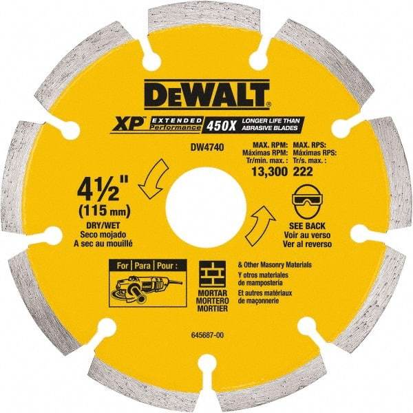 DeWALT - 4-1/2" Diam, 7/8" Arbor Hole Diam, Wet & Dry Cut Saw Blade - Diamond-Tipped, Standard Round Arbor - USA Tool & Supply