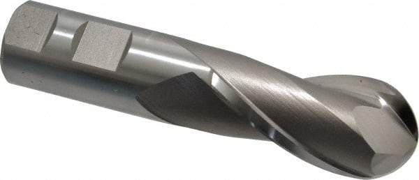 Hertel - 1-1/8" Diam, 2-1/4" LOC, 2 Flute High Speed Steel Ball End Mill - Uncoated, Single End, 4-3/4" OAL, 1" Shank Diam, Spiral Flute - USA Tool & Supply