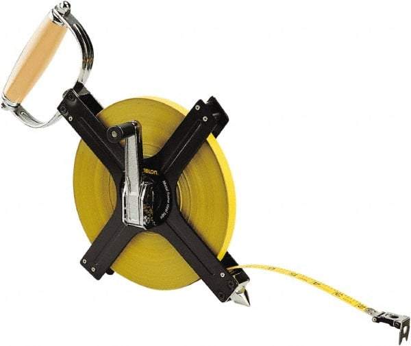 Komelon - 300' x 1/2" Yellow Steel Blade Tape Measure - 1/8" Graduation, Black Metal Case - USA Tool & Supply