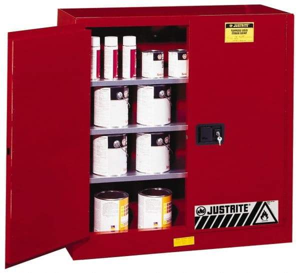 Justrite - 2 Door, 3 Shelf, Red Steel Standard Safety Cabinet for Flammable and Combustible Liquids - 44" High x 43" Wide x 18" Deep, Manual Closing Door, 3 Point Key Lock, 40 Gal Capacity - USA Tool & Supply