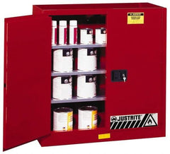 Justrite - 2 Door, 3 Shelf, Red Steel Standard Safety Cabinet for Flammable and Combustible Liquids - 44" High x 43" Wide x 18" Deep, Manual Closing Door, 3 Point Key Lock, 40 Gal Capacity - USA Tool & Supply