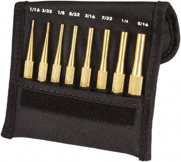 Starrett - 8 Piece, 1/16 to 5/16", Pin Punch Set - Round Shank, Brass, Comes in Pouch - USA Tool & Supply