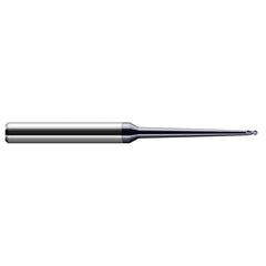 Ball End Mill: 0.047″ Dia, 0.071″ LOC, 2 Flute, Solid Carbide 4″ OAL, 1/4″ Shank Dia, 30 ° Helix, AlTiN Coated, Single End