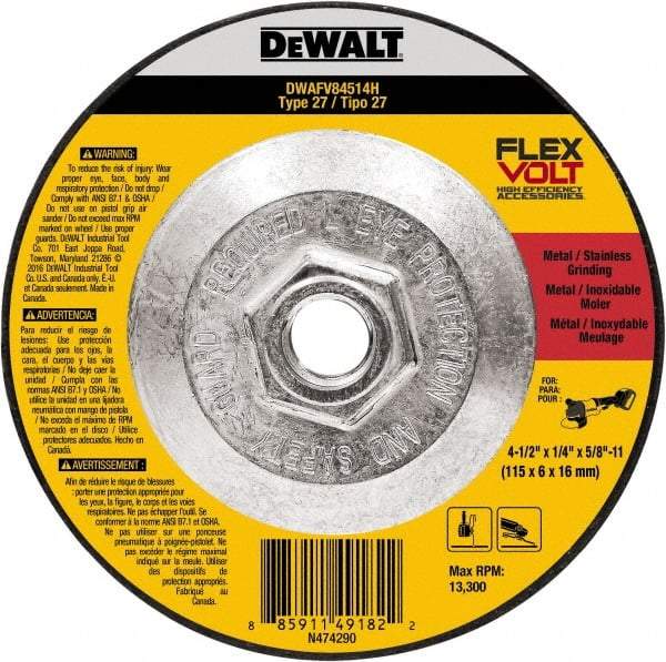 DeWALT - 4-1/2" Wheel Diam, 1/4" Wheel Thickness, 7/8" Arbor Hole, Type 27 Depressed Center Wheel - Fine/Coarse Grade, Ceramic, 13,300 Max RPM - USA Tool & Supply
