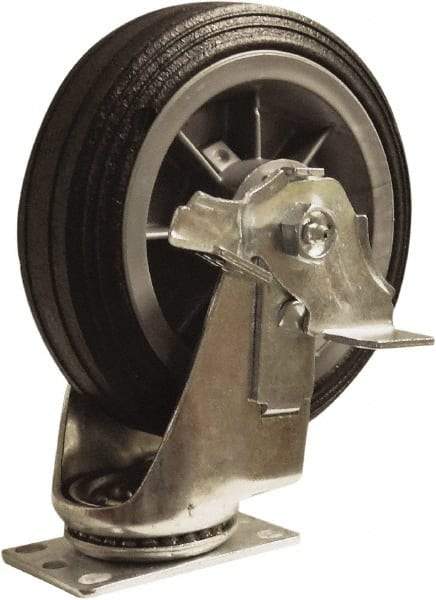 Snap-Loc - 6" Diam x 1-1/4" Wide x 7-1/2" OAH Top Plate Mount Swivel Caster with Brake - Rubber, 375 Lb Capacity, Ball Bearing, 1-3/4 X 2-7/8" Plate, Round Stem - USA Tool & Supply