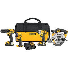 DeWALT - 20 Volt Cordless Tool Combination Kit - Includes 1/2" Drill/Driver, 1/4" Compact Impact Driver, 6-1/2" Circular Saw & Handheld Light, Lithium-Ion Battery Included - USA Tool & Supply