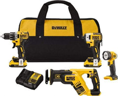 DeWALT - 20 Volt Cordless Tool Combination Kit - Includes 1/2" Drill/Driver, 1/4" Impact Driver, Reciprocating Saw & LED Worklight, Lithium-Ion Battery Included - USA Tool & Supply