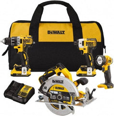 DeWALT - 20 Volt Cordless Tool Combination Kit - Includes 1/2" Drill/Driver, 1/4" Impact Driver, 7-1/4 Circular Saw & LED Worklight, Lithium-Ion Battery Included - USA Tool & Supply