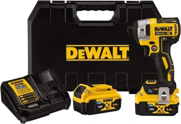 DeWALT - 20 Volt, 1/4" Drive, 152 Ft/Lb Torque, Cordless Impact Driver - Pistol Grip Handle, 3250 RPM, 2 Lithium-Ion Batteries Included - USA Tool & Supply