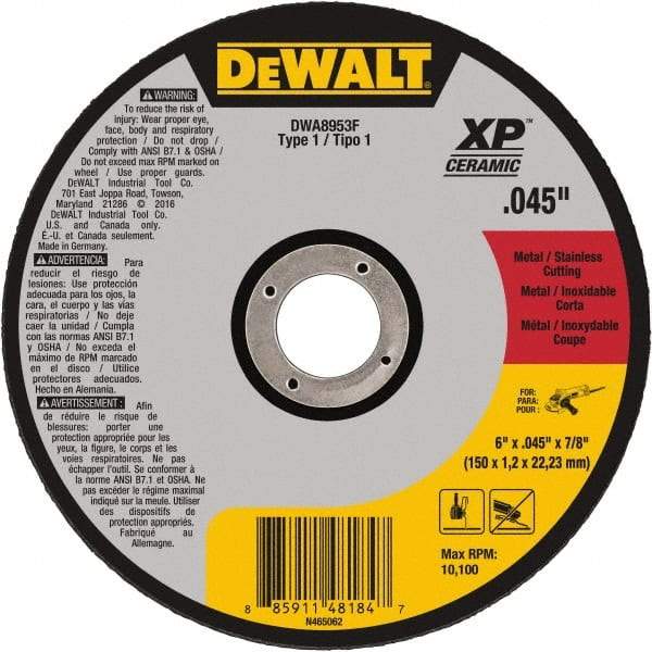 DeWALT - 6" Ceramic Cutoff Wheel - 0.045" Thick, 7/8" Arbor, 10,100 Max RPM, Use with Angle Grinders - USA Tool & Supply