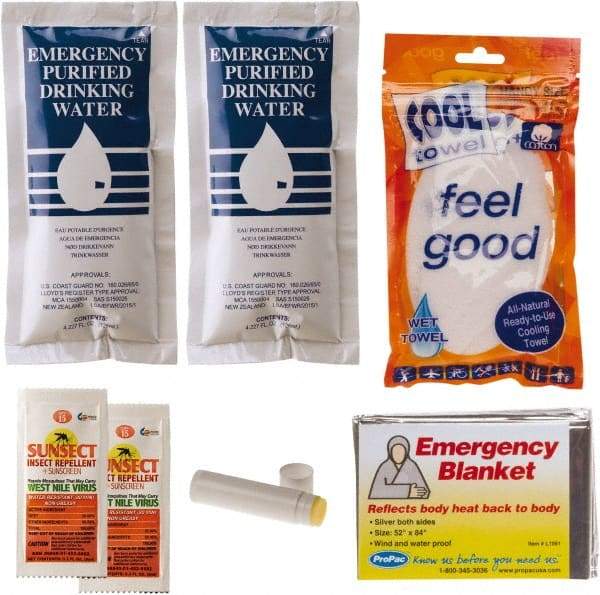 PRO-SAFE - Emergency Preparedness Kits Type: Cool Down Emergency Kit Contents: (2) Emergency Drinking Water Packets; (2) Sunscreen + Insect Repellant Cream; Cooling Towel; Emergency Mylar Blanket; Lip Balm - USA Tool & Supply