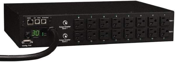 Tripp-Lite - 16 Outlets, 120 VAC30 Amps, 12' Cord, Power Outlet Strip - Rack Mount, 5-15/20R NEMA Configuration, 19" Strip - USA Tool & Supply