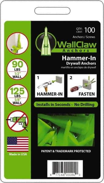 WallClaw Anchors - #8 Screw, 1/2" Diam, 2" Long, 1/4" Thick, Hammer-In Drywall & Hollow Wall Anchor - Nylon, Use with Drywall & Hollow Wall - USA Tool & Supply