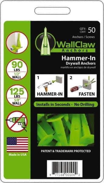 WallClaw Anchors - #8 Screw, 1/2" Diam, 2" Long, 1/4" Thick, Hammer-In Drywall & Hollow Wall Anchor - Nylon, Use with Drywall & Hollow Wall - USA Tool & Supply