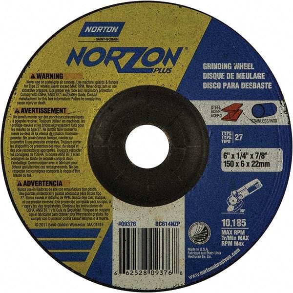 Norton - 20 Grit, 6" Wheel Diam, 1/4" Wheel Thickness, 7/8" Arbor Hole, Type 27 Depressed Center Wheel - Extra Coarse Grade, Ceramic, 10,185 Max RPM - USA Tool & Supply