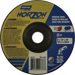 Norton - 20 Grit, 6" Wheel Diam, 1/4" Wheel Thickness, 7/8" Arbor Hole, Type 27 Depressed Center Wheel - Extra Coarse Grade, Ceramic, 10,185 Max RPM - USA Tool & Supply