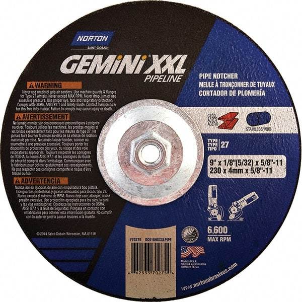 Norton - 30 Grit, 9" Wheel Diam, 1/8" Wheel Thickness, Type 27 Depressed Center Wheel - Extra Coarse Grade, Aluminum Oxide, 6,600 Max RPM - USA Tool & Supply