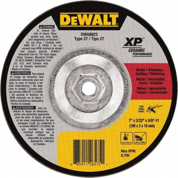 DeWALT - 7" Wheel Diam, 3/32" Wheel Thickness, 5/8" Arbor Hole, Type 27 Depressed Center Wheel - Fine/Coarse Grade, Ceramic, 8,700 Max RPM - USA Tool & Supply