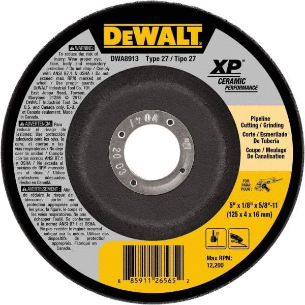 DeWALT - 5" Wheel Diam, 1/8" Wheel Thickness, 5/8" Arbor Hole, Type 27 Depressed Center Wheel - Fine/Coarse Grade, Ceramic, 12,200 Max RPM - USA Tool & Supply