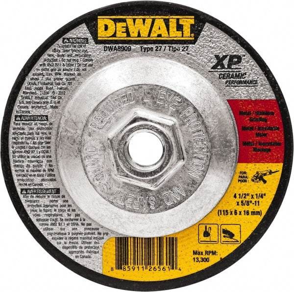 DeWALT - 4-1/2" Wheel Diam, 1/4" Wheel Thickness, 5/8" Arbor Hole, Type 27 Depressed Center Wheel - Fine/Coarse Grade, Ceramic, 13,300 Max RPM - USA Tool & Supply