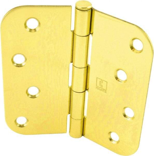 Hager - 4" Wide x 4" High 5/8 Radius Residential Hinge - Round Edge, Steel, Bright Brass Finish - USA Tool & Supply