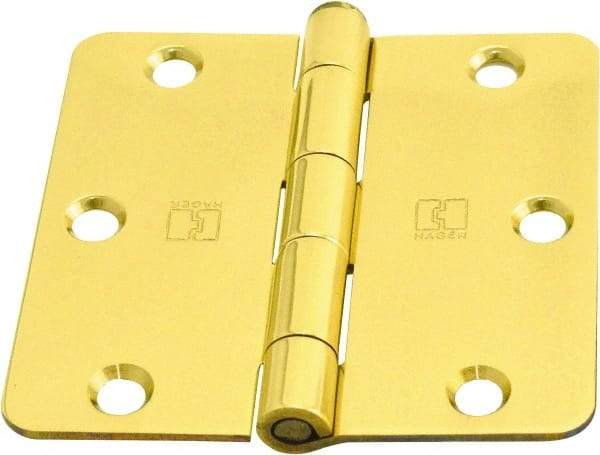 Hager - 3-1/2" Wide x 3-1/2" High 1/4 Radius Residential Hinge - Round Edge, Steel, Bright Brass Finish - USA Tool & Supply