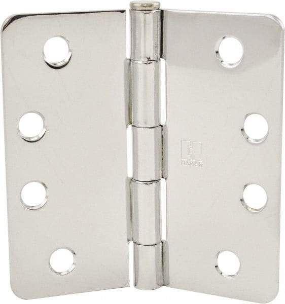 Hager - 4" Wide x 4" High 1/4 Radius Residential Hinge - Round Edge, Steel, Bright Chrome Finish - USA Tool & Supply