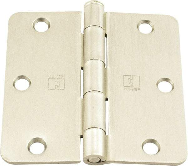 Hager - 3-1/2" Wide x 3-1/2" High 1/4 Radius Residential Hinge - Round Edge, Steel, Satin Nickel Finish - USA Tool & Supply