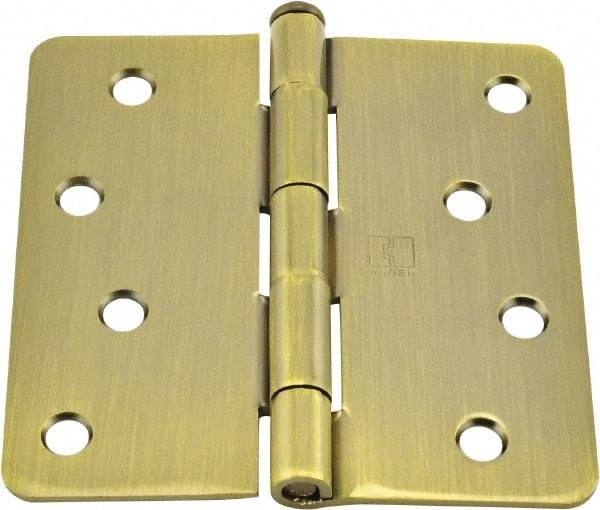 Hager - 4" Wide x 4" High 1/4 Radius Residential Hinge - Round Edge, Steel, Antique Brass Finish - USA Tool & Supply